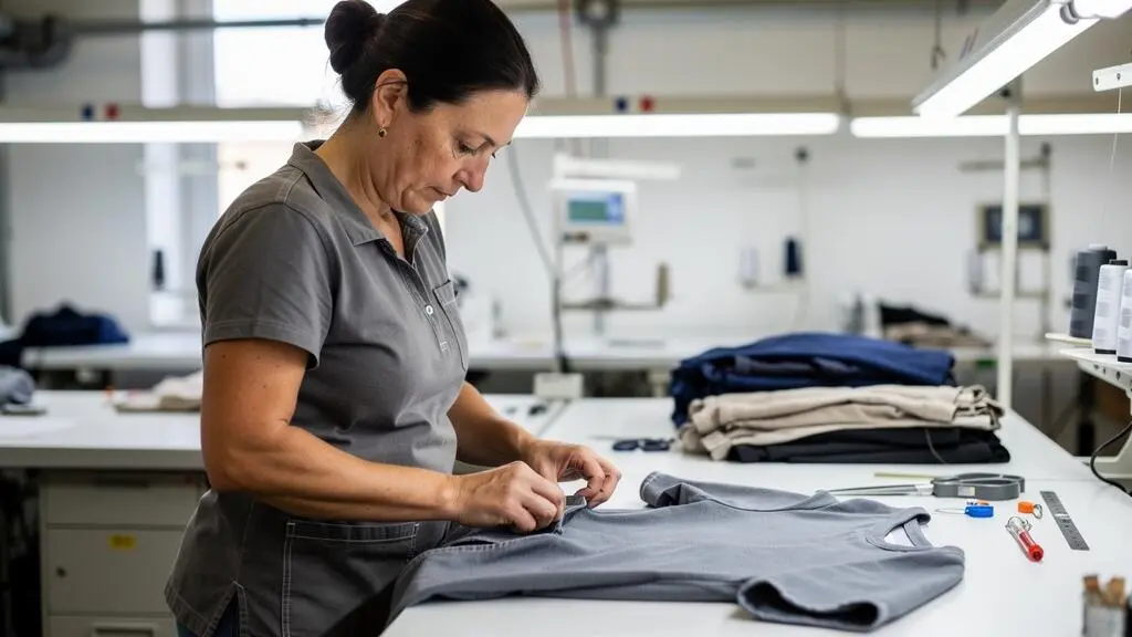 Opératrice assemblant les pièces finales d'un vêtement sur un poste de travail dans un atelier d'assemblage textile