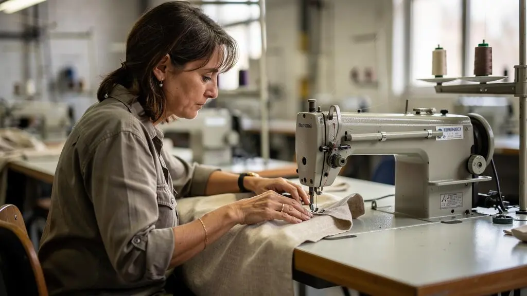 Ouvrière qualifiée cousant du tissu sur une machine à coudre industrielle dans un atelier de confection textile français