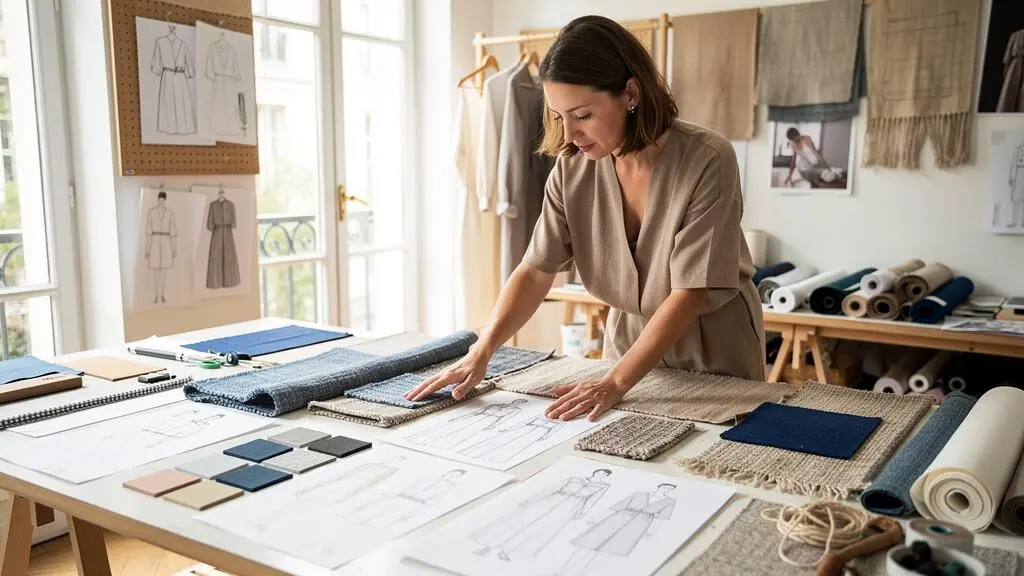 Designer de mode sélectionnant et comparant des échantillons de tissus sur une table de travail dans un studio de création français