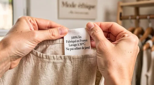 Mains de consommateur examinant attentivement l'étiquette d'origine d'un vêtement en textile naturel dans une boutique