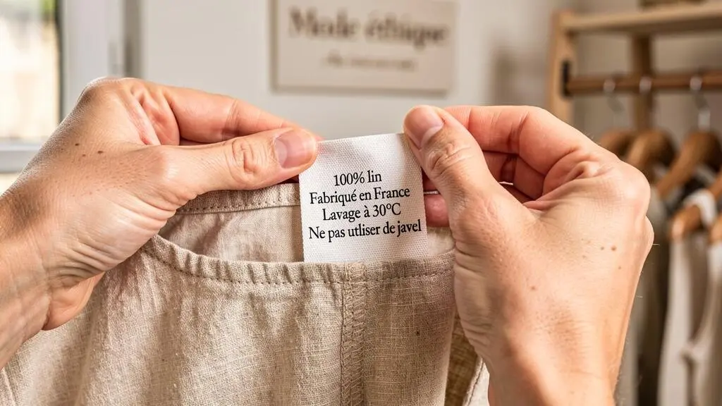 Mains de consommateur examinant attentivement l'étiquette d'origine d'un vêtement en textile naturel dans une boutique